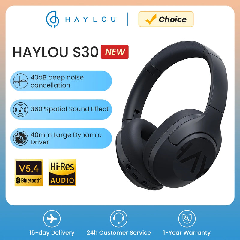 HAYLOU S30 Wireless Bluetooth 5.4 Headphones 43dB Adaptive Noise Cancelling Headsets 40mm Driver 80H Playtime Earphones