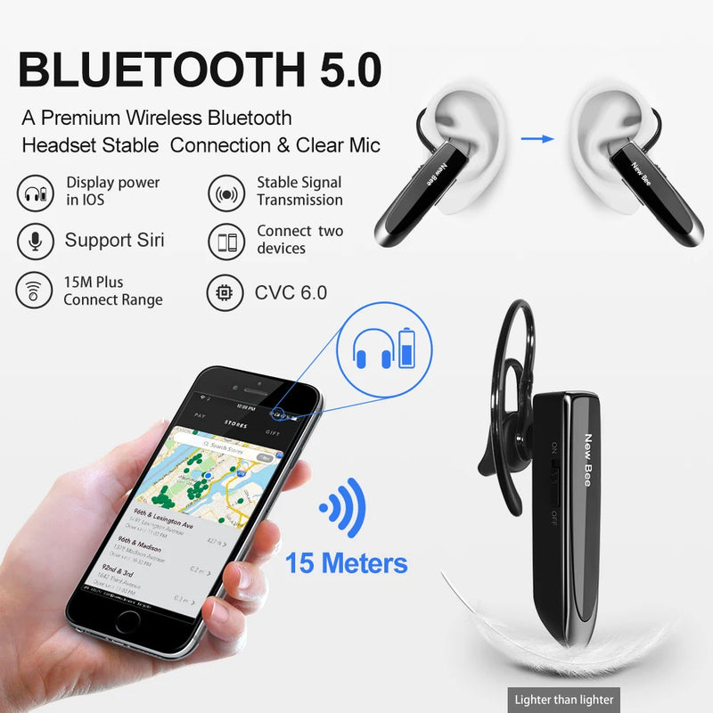 Novos fones de ouvido Bluetooth Bee V5.0 Fones de ouvido sem fio Fones de ouvido comerciais Mãos-livres 24 horas de tempo de conversação Fone de ouvido com microfone